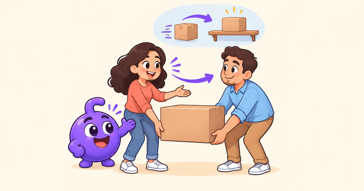 Doly helps Mia ask Ben for help lifting a box.