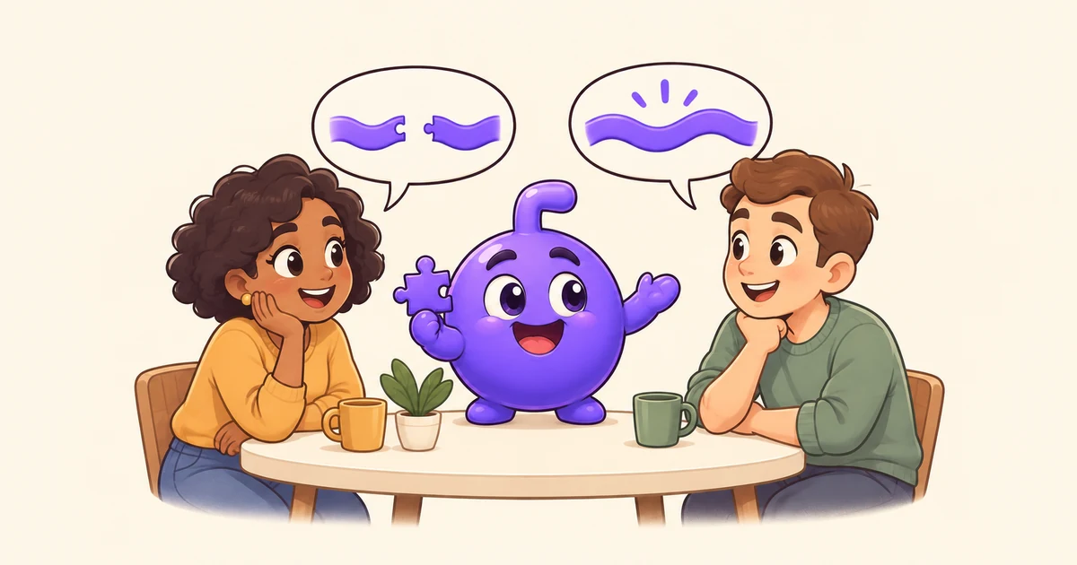 Doly helps two people reconnect a broken speech ribbon, representing a clear request to repeat or clarify.