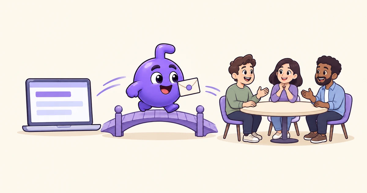 Doly carries the same work message between an email screen and a meeting table.