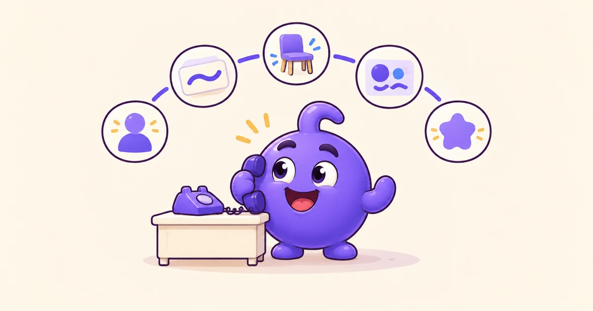 Doly follows five visual steps through an English phone call, from identifying the caller to confirming details and closing.