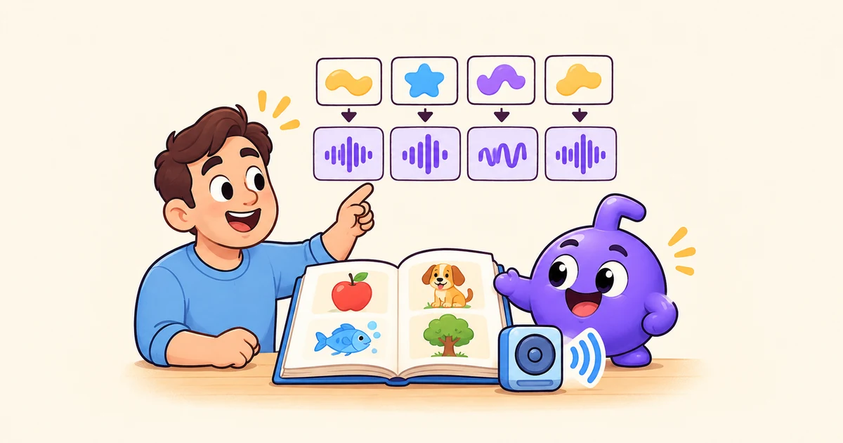 Doly helps Sam compare English spelling tiles with matching sound waves and a dictionary.