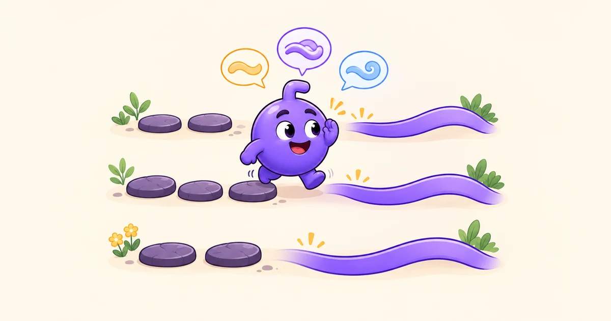 Doly follows three paths where separate stepping stones become smooth speech ribbons, representing reduced casual forms such as gonna, wanna, and gotta.