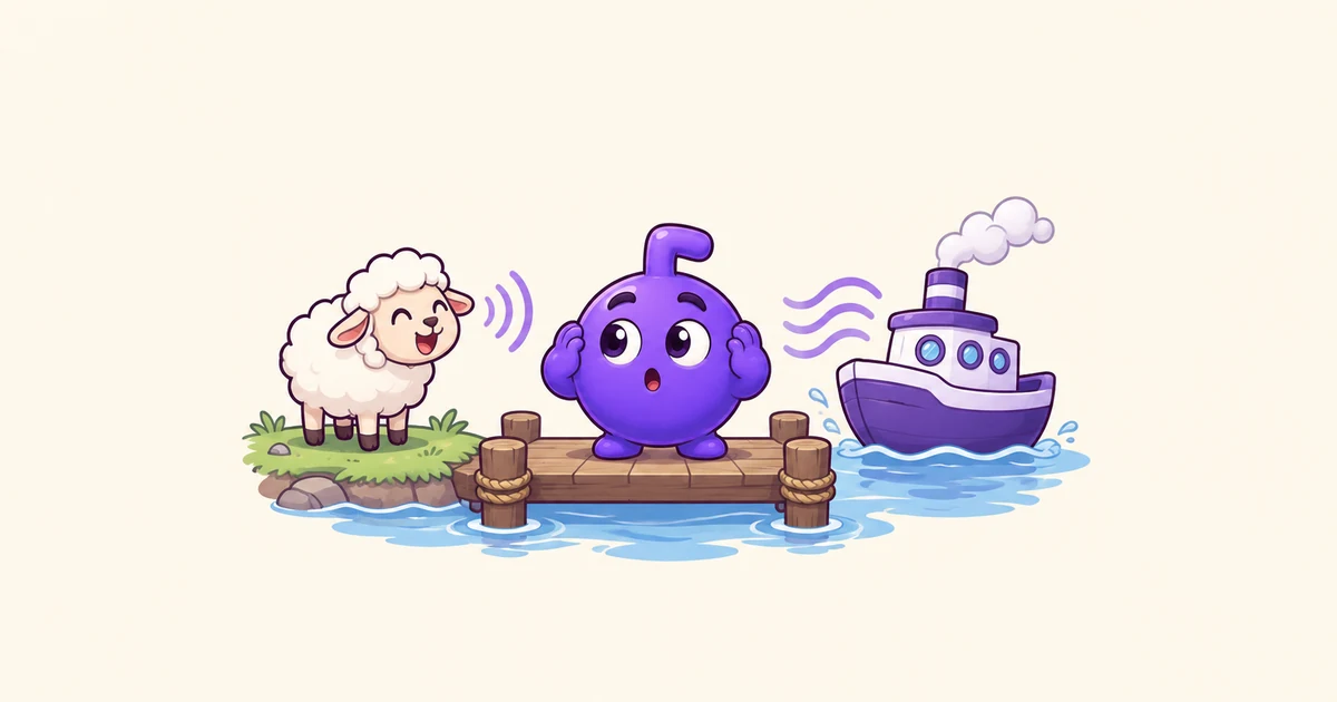 Doly listens between a sheep on a dock and a ship in the water to show the vowel contrast in sheep and ship.
