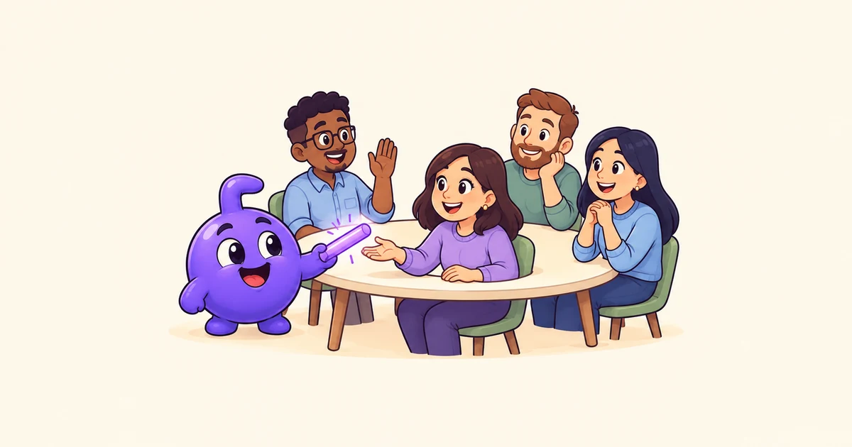 Doly helps four coworkers pass a purple conversation baton around a meeting table.