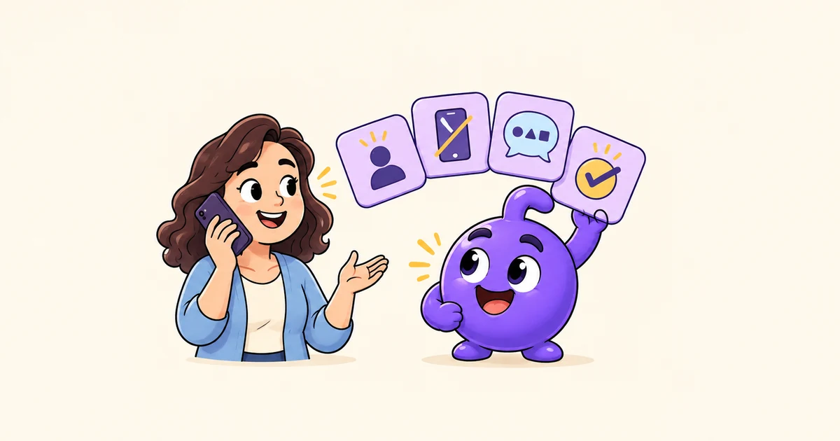 Doly helps Mia record a clear voicemail greeting beside a phone and four simple message cards.