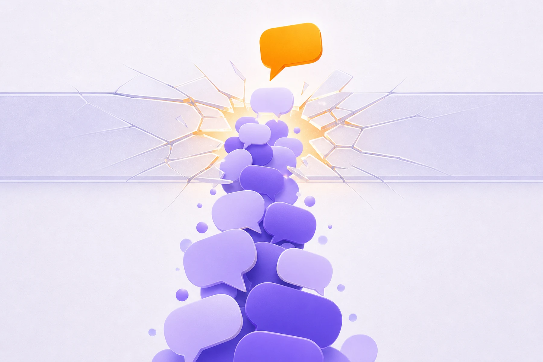 A learner's voice rising as stacked speech bubbles and breaking upward through a cracking glass ceiling