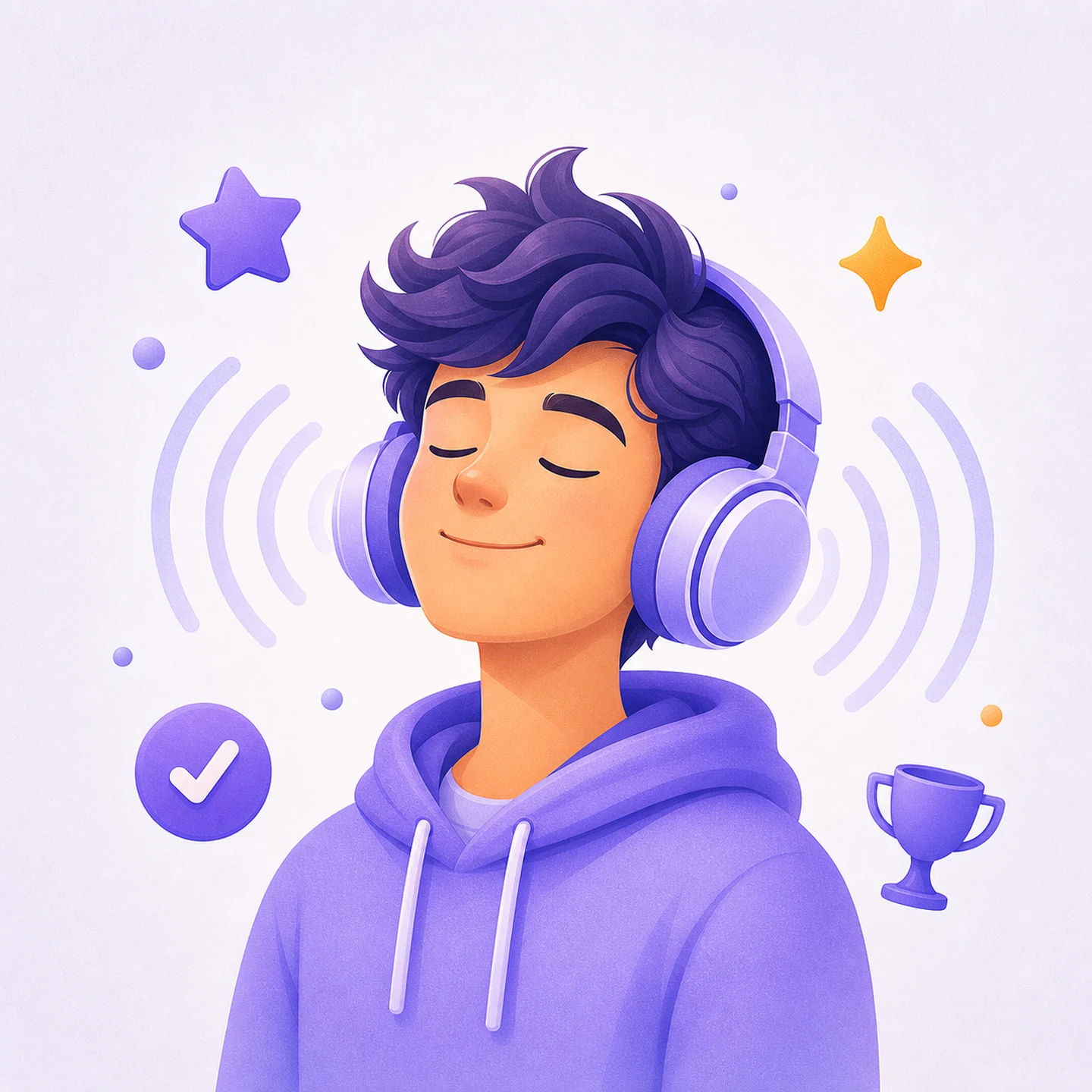 A teen in headphones with soundwaves and floating achievement shapes