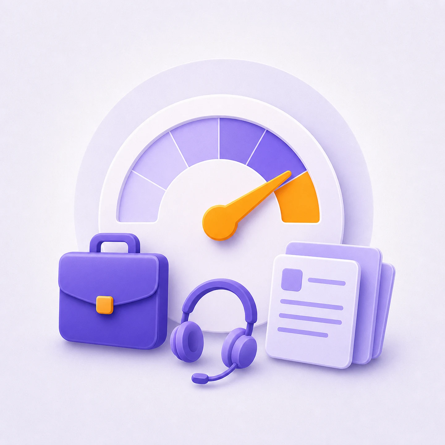 A TOEIC score gauge with a rising needle beside a briefcase, documents, and a headset