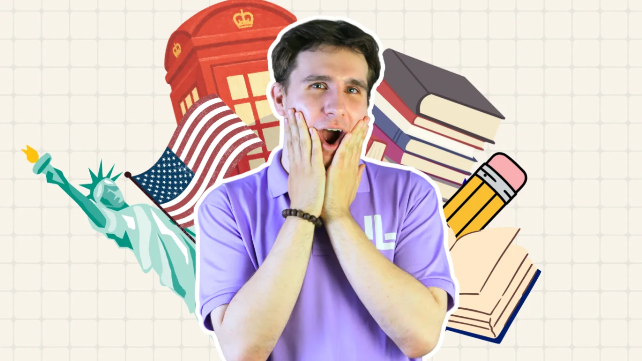 Teacher Jaxson reacting beside illustrated American and British cultural landmarks and study books