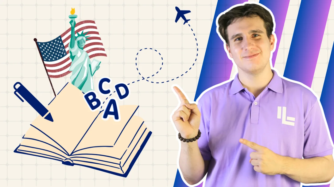 Teacher Jaxson pointing toward an illustrated American English study guide