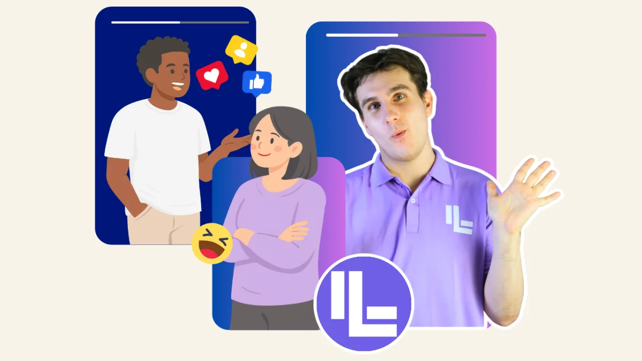 Teacher Jaxson waving beside illustrated learners practicing a conversation