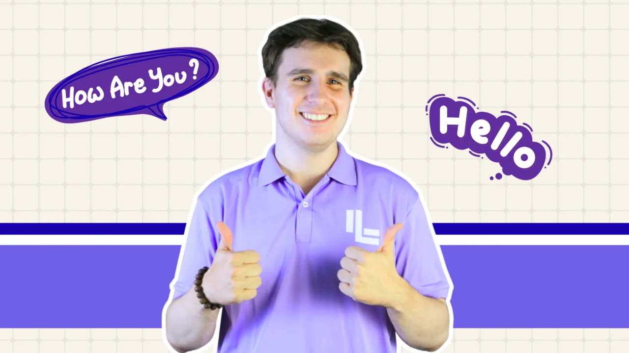 Teacher Jaxson smiling and giving two thumbs up beside friendly English greetings