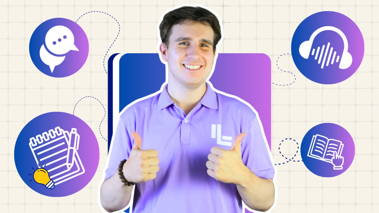 Teacher Jaxson smiling beside icons for conversation, listening, notes, and reading