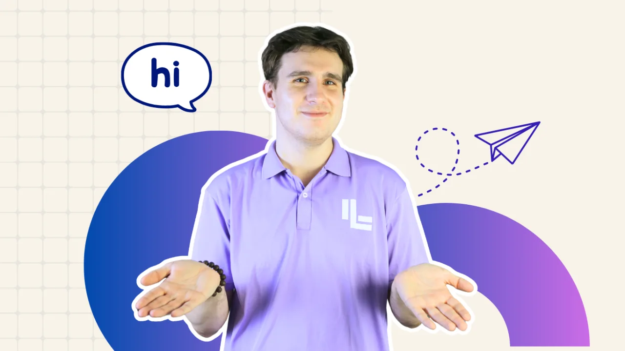 Teacher Jaxson welcoming learners with open hands and a speech bubble